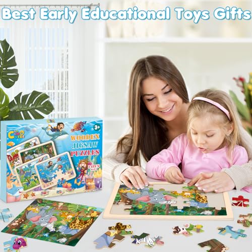 Wooden Animals Puzzles for Kids Age 3 4 5 Year Old, 4 Pack 24 Pcs Montessori Toddler Jigsaw Puzzles for Girl boy Activities Preschool Learning Educational Birthday Gift Travel Autistic Wooden Toys