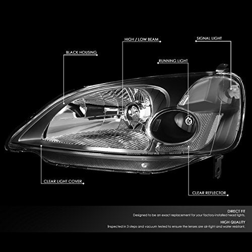 DNA MOTORING HL-OH-HC01-BK-AM Black Amber Headlights Replacement Compatible with 01-03 Honda Civic