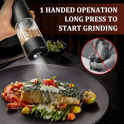 Electric Salt and Pepper Grinder, Automatic Mill, Adjustable Coarseness, LED Light - Convenient One-Hand Operation - Perfect for Kitchen and BBQ - Includes Salt and Pepper Shakers