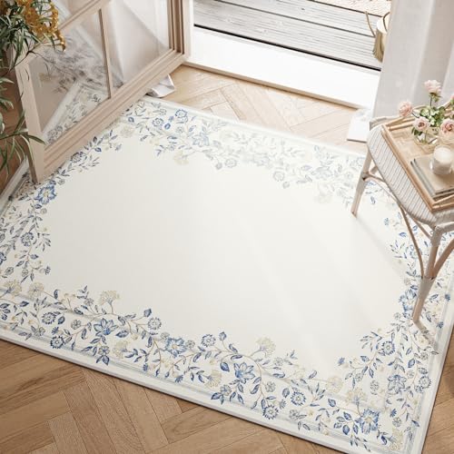 jinchan Area Rug 2x3 Washable Rug Indoor Entryway Doormat Floral Vintage Elegant Luxury Garland Print Floor Soft Thin Rug Non Slip Carpet for Living Room Bedroom Kitchen Bathroom Decor Ivory Blue