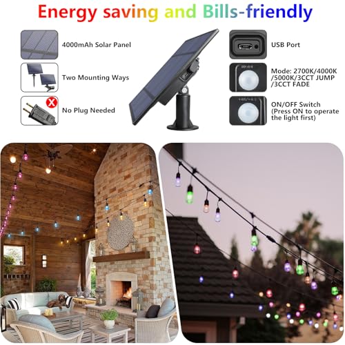 WENFENG 48FT Solar Outdoor RGB String Lights, 15+3 Waterproof Shatterproof LED Bulbs Dimmable Patio String Lights with Remote, Commercial Solar String Light for Patio Yard