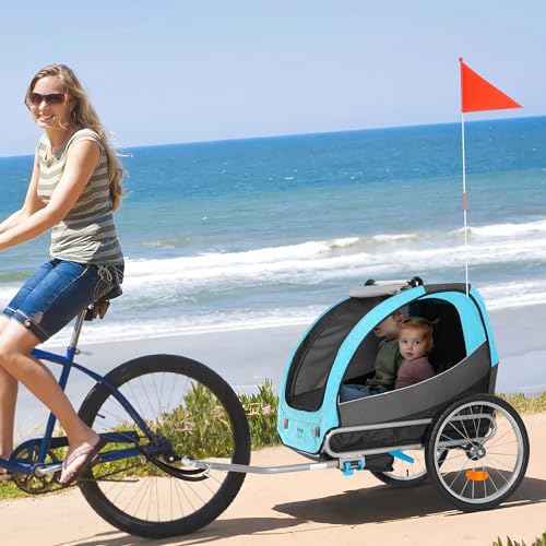 VEVOR Bike Trailer for Toddlers, Kids, 60 lbs Load, Tow Behind Foldable Child Bicycle Trailer with Universal Bicycle Coupler, Canopy Carrier with Strong Carbon Steel Frame for Children, Blue and Gray