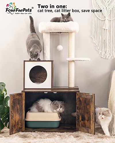 FourFurPets Multipurpose Litter Box Enclosure, Cat Tree and Condo, Side Table, with Large Platform, Cat House, Full Sisal Posts, Removable Washable Cushion, Rustic Brown