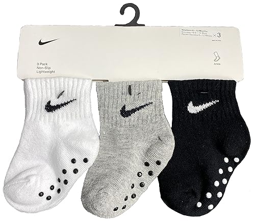 Nike Baby Girls' Ankle Gripper Socks (3 Pairs) (US, Age, 6 Months, 12 Months, White/Grey/Black)