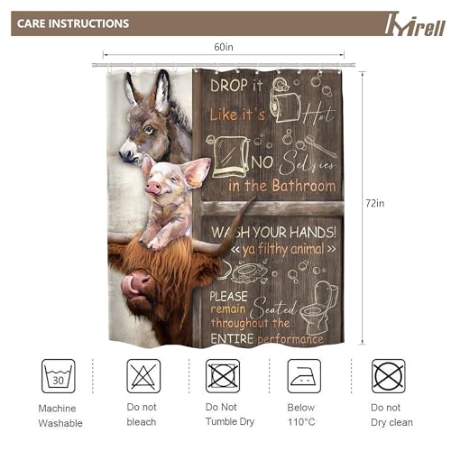 Imirell Funny Bathroom Rules Shower Curtain 60Wx72H Inches Farmhouse Highland Cow Donkey Pig Animal Wooden Board Rustic Wildlife Country Fabric Waterproof Polyester with 12 Pack Hooks Plastic