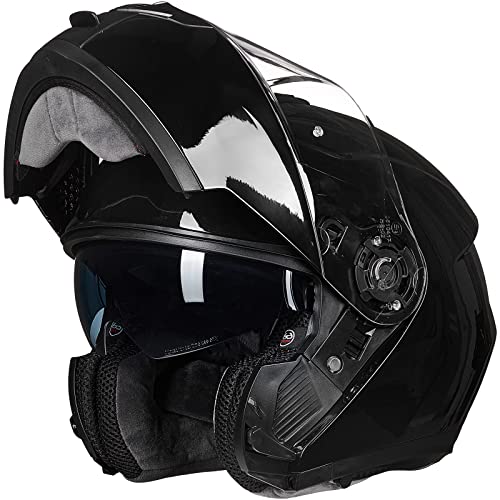 ILM Adult Motorcycle Modular Full Face Helmet Flip up Dual Visor DOT Approved Model 159(Gloss Black,Small)