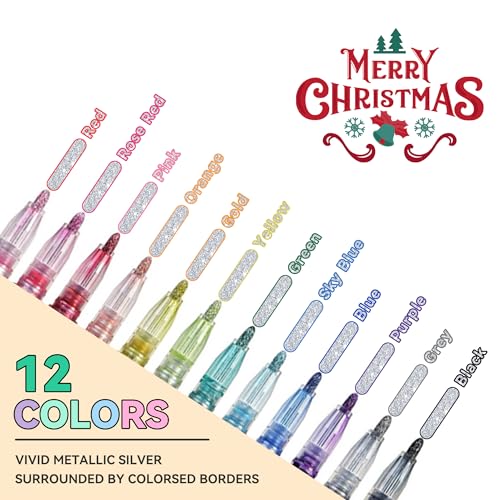 Double Line Outline Pens, 12 Colors Self-outline Metallic Markers, Shimmer Glitter Pens Set for Christmas Card Writing, Birthday Greeting, DIY Art Crafts, Scrap Booking