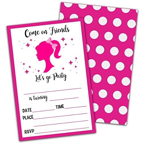 NYCTUG Pink Girl Theme Birthday Invitation(4" X 6"), Let's Go Party Pink Doll Double-Sided Invites- 20 Invitations With Envelopes-Personalized Party Supplies-A31