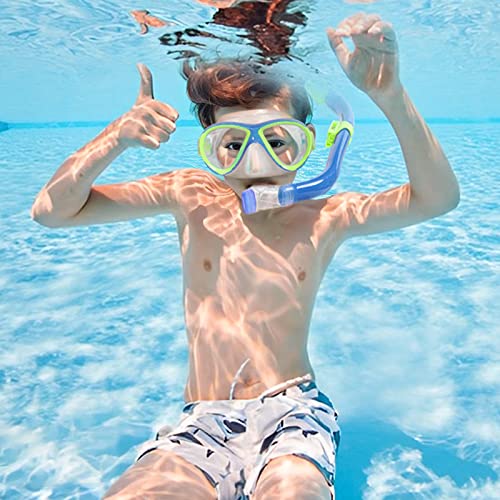 Kids Mask Fins Snorkel Set, Dry Top Snorkeling Gear for Kids Youth Boys Girls Junior Age 5-15 Tempered Glass Snorkel Mask Set Panoramic View Snorkeling Packages