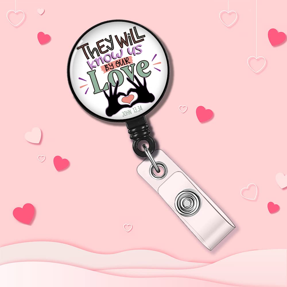 Hafhue They Will Know Us by Our Love Retractable Badge Reel with Alligator Clip, Funny Badge Reel Gift for Social Worker Office Worker Boss Colleague Nurse Doctor Teachers