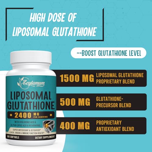 2400 MG Liposomal Glutathione Softgels, Max Absorption, Active Form L-Glutathione Reduced (GSH), with Hyaluronic Acid, Resveratrol, Master Antioxidants for Detox, Brain, Immune System, 60 Softgels