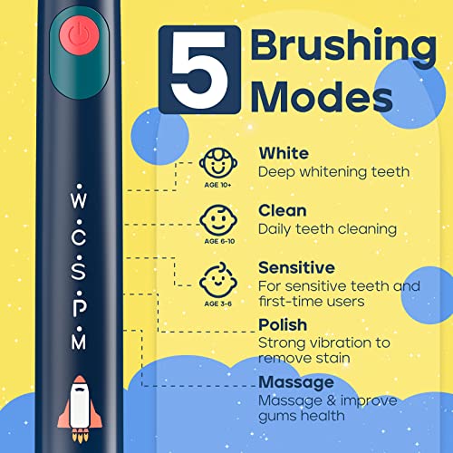 SEAGO Kids Electric Toothbrush, Rechargeable Sonic Soft Bristle Toothbrushes with 8 Brush Heads, DIY Stickers and 5 Modes, Ideal for Kids and Children, Ages 3–12(Navy)