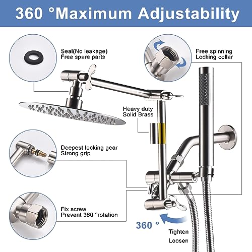 Rain Shower Head With Handheld Combo Set, Bathroom Shower System with Rough-in Valve, With Adjustable Extension Arm & 3-Way Diverter & Wall Mounted Shower Fixtures (8"round, Brushed Nickel)