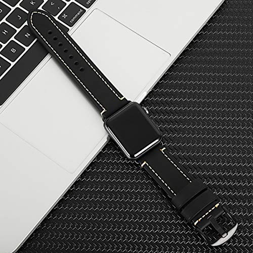 MTRRISE Compatible for Apple Watch ultra Band 42mm 44mm45mm49mm Men,Top Grain Leather Band Replacement Strap iWatch Series 8/7/ 6/5/ 4/3/ 2/1,SE,ultra (38mm40mm41mm, Black Black buckle)