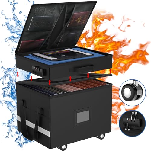 HAMOPY Fireproof Document Box, Document Organizer 2 Layer Detachable File Box with Combination Lock & Reflective Strip, Collapsible Fireproof Document Box File Cabinet