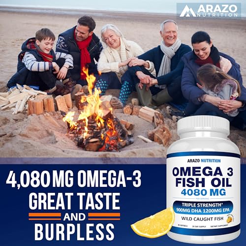 Arazo Nutrition Wild Caught Omega 3 Fish Oil – 60 Soft Gels – 4,080mg High EPA 1200mg DHA 900mg Lemon Flavor Burpless Softgels