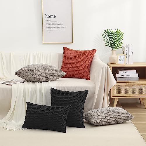 decorUhome Black Decorative Throw Pillow Covers 16x16 Set of 2, Soft Corduroy Striped Square Pillow Covers for Couch Living Room Bed Sofa