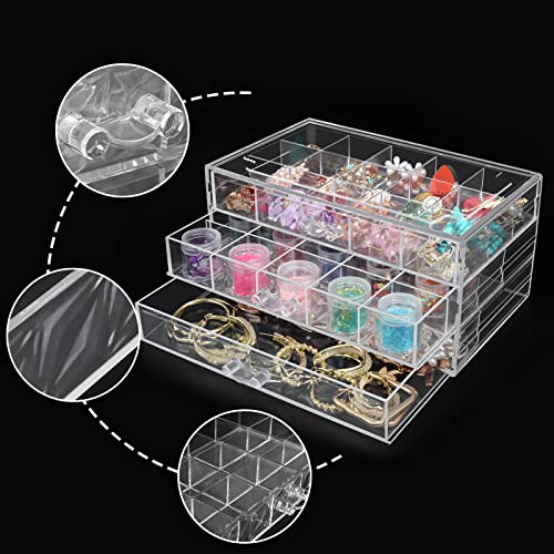 DesignSter Acrylic Jewelry Organizer 3 Drawers Clear Acrylic Jewelry Box for Women Earring Storage Box Transparent Jewelry Display Stand for Crafts Nail-art Trinkets-3 layer