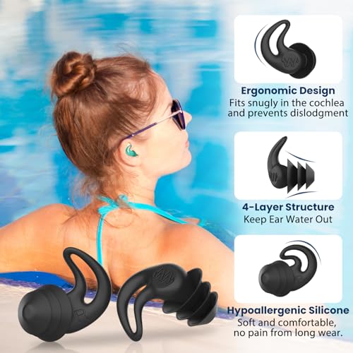 Waterproof Swimming Ear Plugs for Adults - 4 Pairs Reusable Silicone Swimming Ear Plugs for Women & Men, Keep Ear Water Out, Ear Plugs for Swimming, Showering, Bathing, Surfing, Water Sports