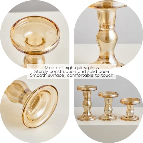 Glass Candlestick Holders for Pillar Candles Set of 3 Amber Taper Candle Holders for Table Centerpiece Candle Stands Decorative Candle Stick Holders for Wedding Party Dinner Holiday Decor Gifts