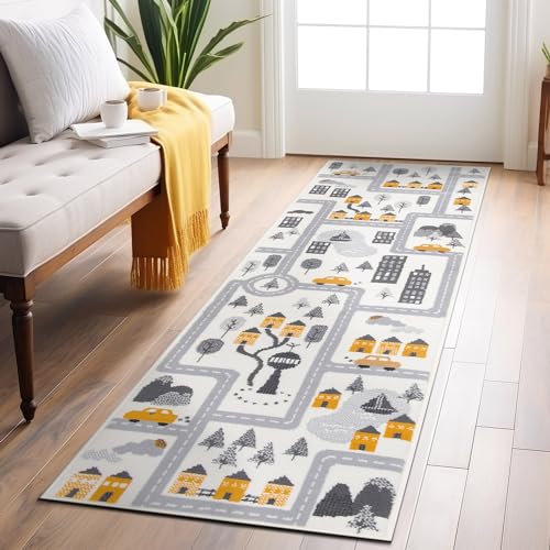 Rugshop Kids Play Road Rug for Playroom,Kidsoom,Nursery Room Interactive Cityscape for Cars and Toys Indoor Soft Runner Rug 2'x7' Cream