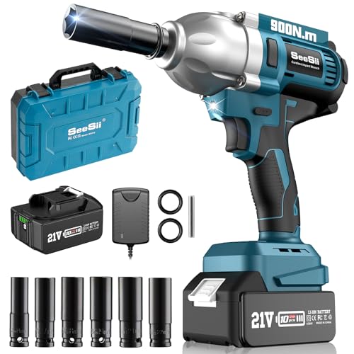 Seesii Cordless Impact Wrench, 900N.m(665ft-lbs) Power Impact Gun 1/2 Inch, 4.0Ah Battery, 3300RPM Impact Wrench, 6 Sockets, Electric Impact Driver for Home Car Truck Mower Father Dad Husband