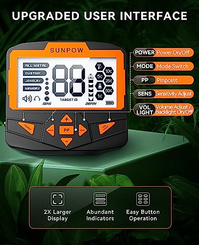 SUNPOW Metal Detector for Adults Professional - Waterproof Higher Accuracy 5 Modes Gold Detector with Strong Anti-Interference, Advanced DSP Chip, 11" Detection Depth Metal Detectors - OTMD09