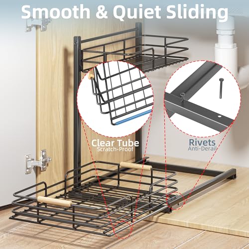 Delamu Metal Under Sink Organizer, 10.7" Width Pull Out Cabinet Organizer, 2 Tier Slide Out Under Sink Storage Shelf, Undersink Organizers Shelves for Kitchen Bathroom Pantry