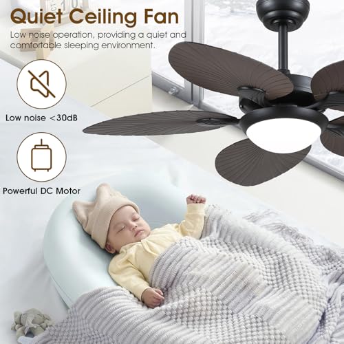 Wiviniya Tropical Ceiling Fans with Lights, 44 Inch Indoor Outdoor Palm Leaf Ceiling Fan for Patios Porch Bedroom, Remote/APP Control, Dimmable, 6 Speeds, Reversible, Brown