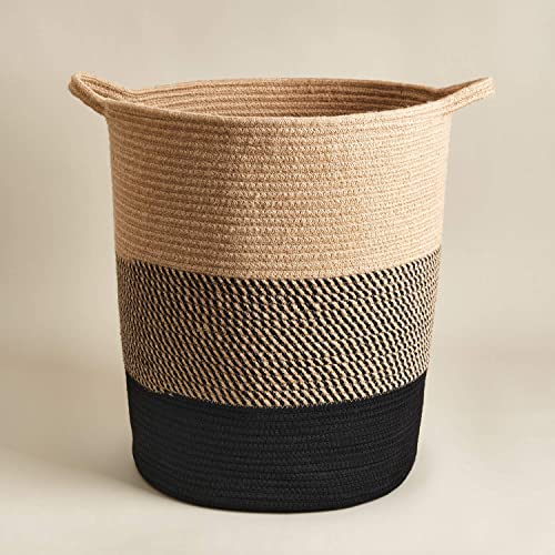 INDRESSME Laundry Basket Large Laundry Hamper, Woven Baskets for Storage, 17.8" x 15.8" x 13.8", Wicker Laundry Basket for Living Room, Dirty Clothes Basket, Baby Hamper for Nursery, Black & Jute