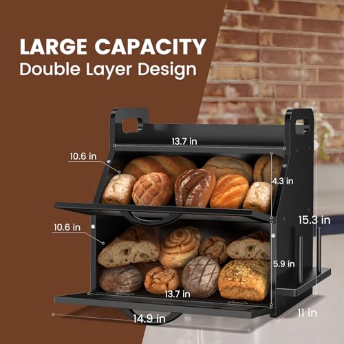 DORPU Bread Box, Bread Boxes for Kitchen Counter Airtight, Extra Large Wooden Bread Box for Homemade Bread, Double Layer Bread Box with Tool Holder, Handles and Window (14.9" x 11" x 15.3") Black