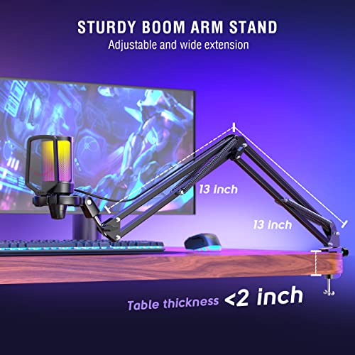 FIFINE Gaming PC USB Microphone, Podcast Condenser Mic with Boom Arm, Pop Filter, Mute Button for Streaming, Twitch, Online Chat, RGB Computer Mic for PC Gamer Youtuber-AmpliGame A6T