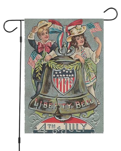 4th of July Garden Flag 12 x 18 Double Sided- American Liberty Bell & Patriotic Children, Celebratory Outdoor Decor for Independence & Memorial Day Festivities