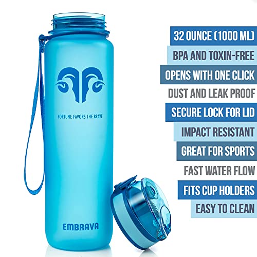 Embrava Best Sports Water Bottle - 32oz - Spill Proof & Lightweight - Perfect for Fitness & Outdoor Activities - Reusable Plastic - Narrow Mouth, Quart Sized - One-Click Water Bottle - Blue