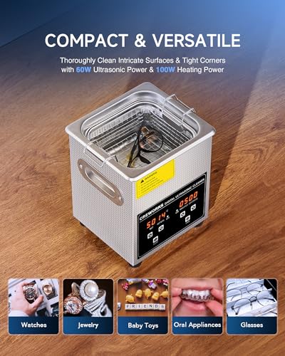 CREWORKS Professional Jewelry Cleaning Machine, 2L Jewelry Cleaner Ultrasonic Machine with Heater & Timer, Digital Ultrasonic Cleaner for Cleaning Denture Dental Oral Irrigator Parts Retainer Glasses