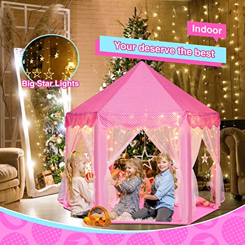 Monobeach Princess Castle Play Tent for Girls - Large 55'' x 53'' Playhouse with Star Lights for Indoor and Outdoor Play