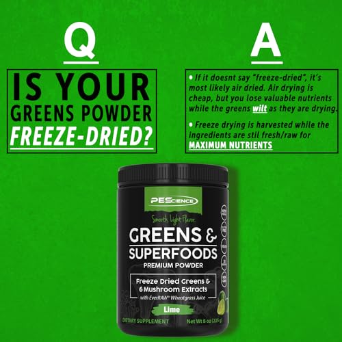 PEScience Greens Powder Superfood with Natural Chlorophyll, Reishi & Turkey Tail Mushroom Powders, Freeze-Dried Kale, Spinach, Broccoli Sprouts, Lime Flavor, 30 Servings