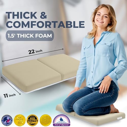 Toodly Baby Bath Kneeler and Elbow Rest Pad Set - Baby Bath Support for Knees and Elbows - Bath Kneeler Pad with Memory Foam and Bath Toys Organizer - Ideal Bath Kneeling Pad for Bathing Baby - Beige
