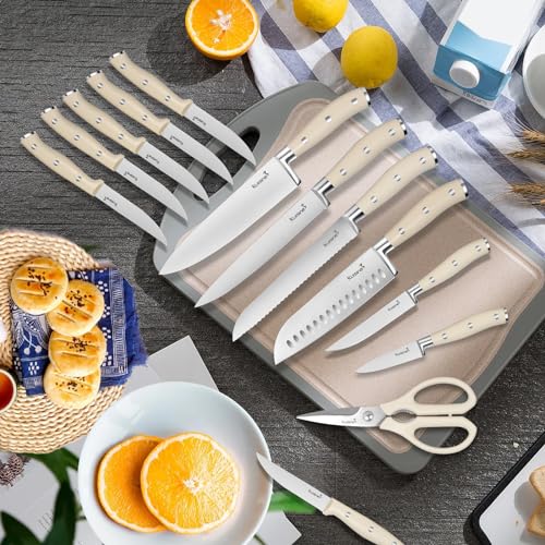 Kuisine Chef Knife Set, German High Carbon Stainless Steel Ultra Sharp Blade Ergonomic Handle, Kitchen Knife Block Set with Built-in Sharpener, Elegant Gift for Holiday(Ivory Pro,15PCS)