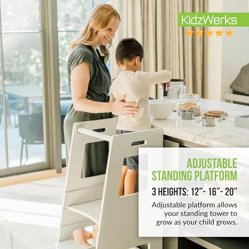 KidzWerks Child Standing Tower Kids Kitchen Step Stool Toddler Wood Stepping Stool - Children's Montessori Stool - Adjustable Platform, Gray