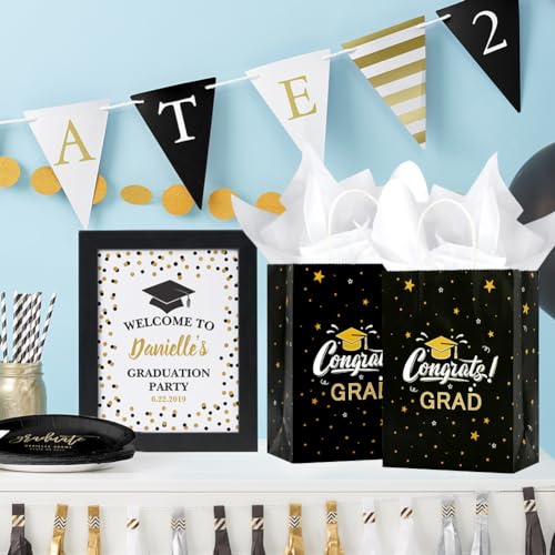 Tuzuaol 12 Pack Graduation Gift Bag with Tissue Paper Bulk Graduate Paper Bags with Handle for High School, College, Kindergarten, Graduation Party Decorations Supplies(Black Gold)