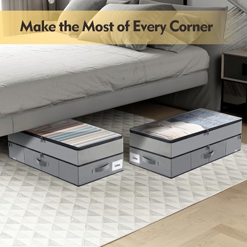 Supowin Large Under Bed Storage Containers, 2-Pack Double Layer Underbed Storage Bins with 3 Handles, 70L Extensible/Closed Clothes Storage Organizer with Sturdy Bottom Sidewalls, Dark Grey