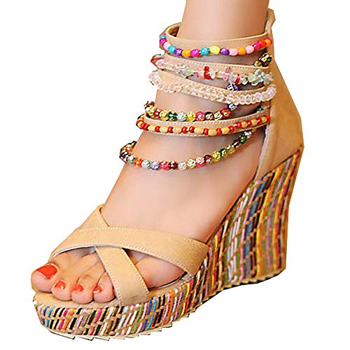 getmorebeauty Women's Wedge Sandals Diamond Across The Top Platform High Heels（US 6 BEIGE）