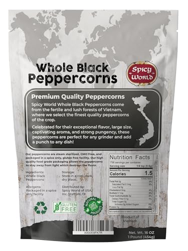 Spicy World Black Peppercorns Whole 1 Pound - As Seen On Tik Tok - Non-GMO, Steam Sterilized Whole Peppercorns for Grinder Refill