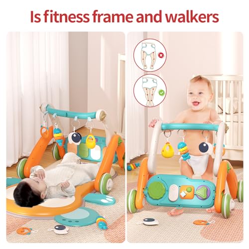 Jovow 2 in 1 Baby Gym with Walker,Baby Play Mat with 5 Infant Learning Sensory,Double-Sided Multifunctional Removable Play Piano Panel,Sit-to-Stand Learning Walker for 0-24 Months Boy Girl [Orange]