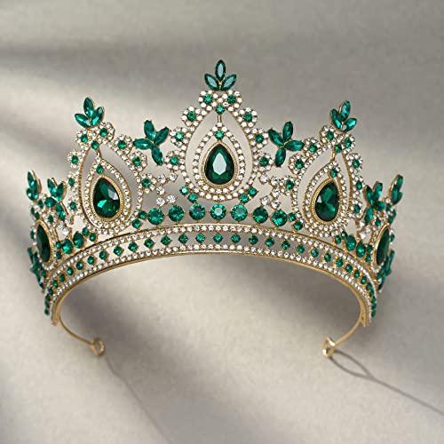 SWEETV Green Queen Crown for Women, Wedding Tiara for Bride, Gold Princess Tiara, Quinceanera Pageant Crown Diadem, Crystal Headpiece for Birthday Prom Pageant Halloween