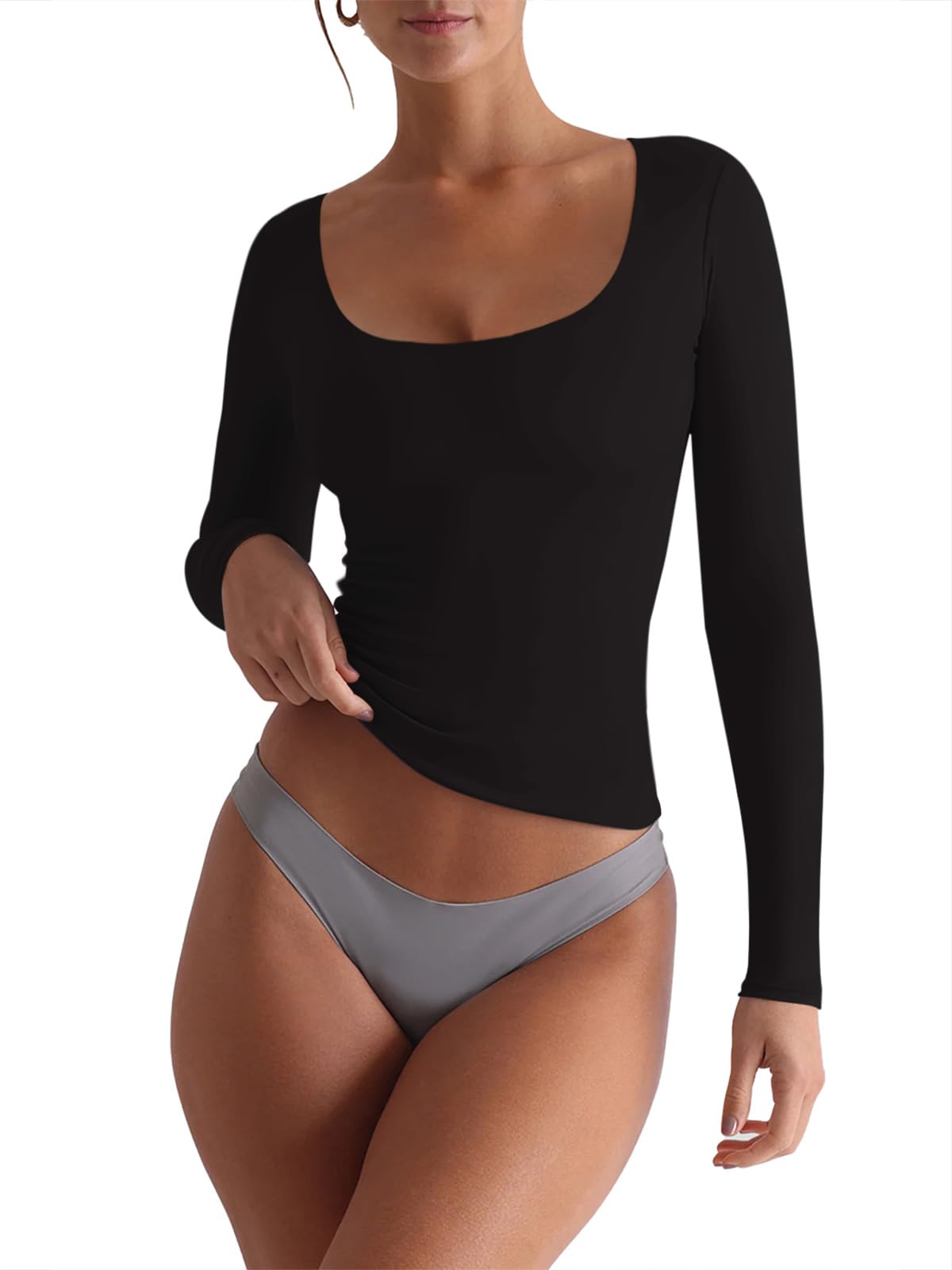 REORIA Womens Scoop Neck Long Sleeve T Shirts Double Lined Tops Casual Basic Tight Shirts Black Medium