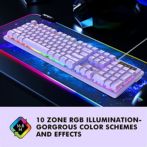 NPET K10 Wired Gaming Keyboard, RGB Backlit, Spill-Resistant Design, Multimedia Keys, Quiet Silent USB Membrane Keyboard for Desktop, Computer, PC (Purple)