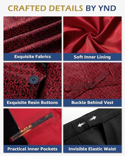 YND Men's 3 Piece Slim Fit Tuxedo Suit Set, One Button Shawl Collar Floral Business Blazer Jacket Vest Pants with Bow Tie, Black