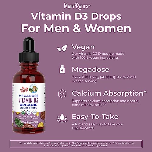 MaryRuth Organics Vitamin D3 Liquid Drops | Megadose 4000 IU | USDA Organic Liquid Vitamin D Spray for Adults & Kids | Immune Support & Bone Health | Vegan | Gluten Free | Non-GMO | 30 Servings